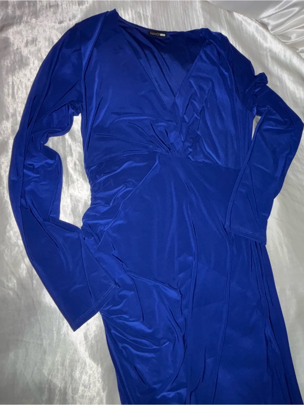XL-Fashion Nova Cobalt Blue Faux-Wrap Long Sleeve Dress